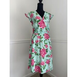 Gymboree Floral Print mini Dress‎ Ruffle Sleeve green pink boho chic women XL